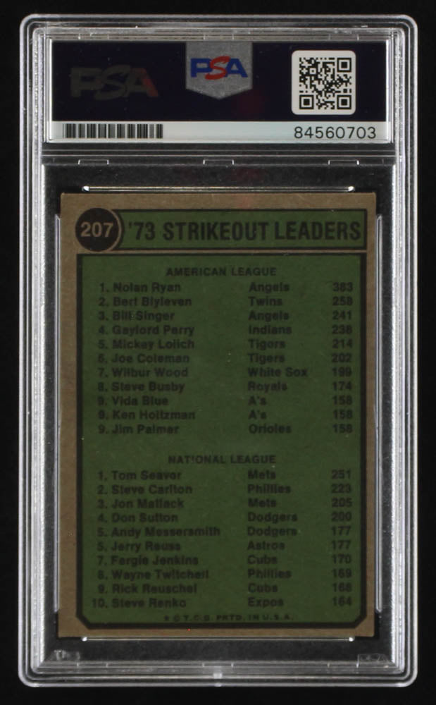 Nolan Ryan Signed Nolan Ryan / Tom Seaver 1974 Topps Strikeout Leaders #207 - Autograph Graded PSA 10