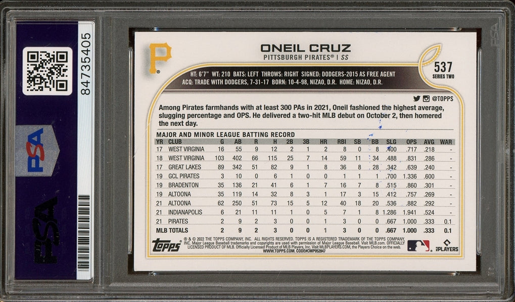 Oneil Cruz Signed 2022 Topps Series 2 #537- PSA Authentic - Rookie Card