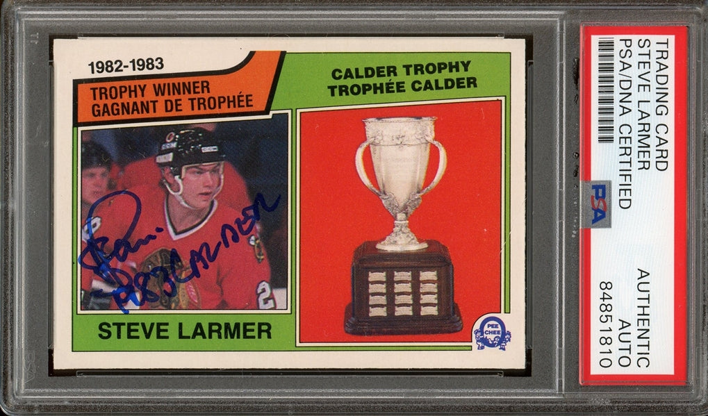 Steve Larmer "1983 Calder" Signed 1983 O-Pee-Chee Trophy Winner Hockey Card #206 (PSA) - Rookie Card