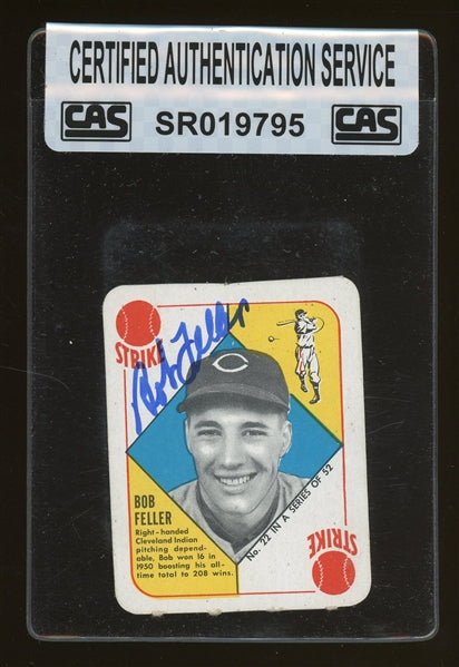 Bob Feller Signed 1951 Topps Red Back Baseball Card #22 (CAS Encapsulated)