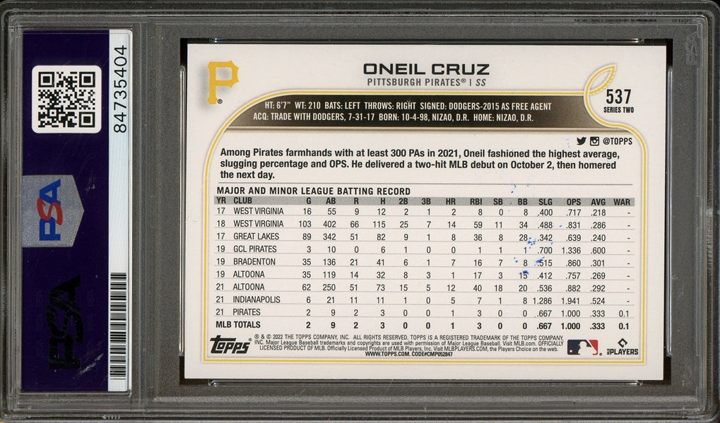 Oneil Cruz Signed 2022 Topps Rookie Baseball Card #537 (PSA/DNA Rookiegraph Encapsulated)