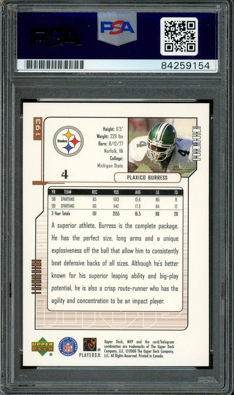 Plaxico Burress Signed 2000 Upper Deck MVP #193 (PSA/DNA ITP Encapsulated) - Rookie Card
