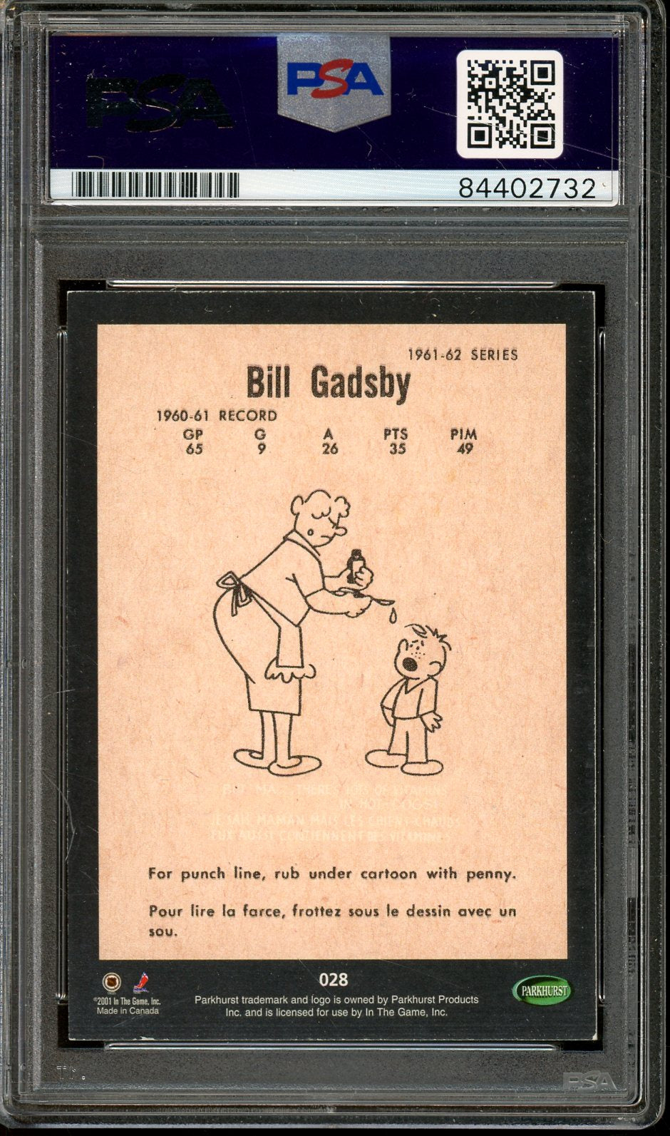 Bill Gadsby signed 2001 In The Game Reprint Card- PSA/DNA Authentic