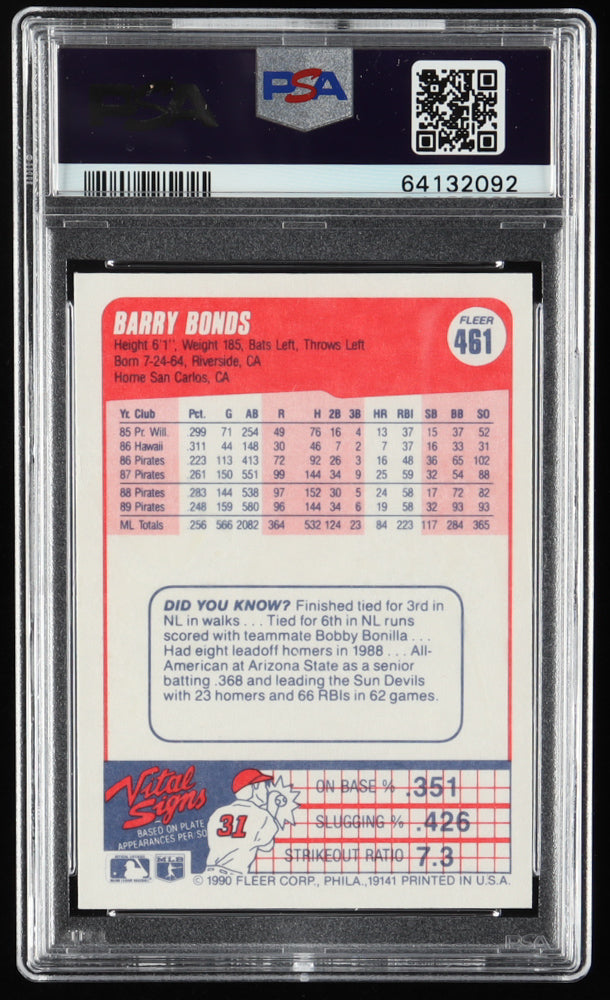 Barry Bonds Signed 1990 Fleer #461 (PSA 8) Autograph Graded PSA 9