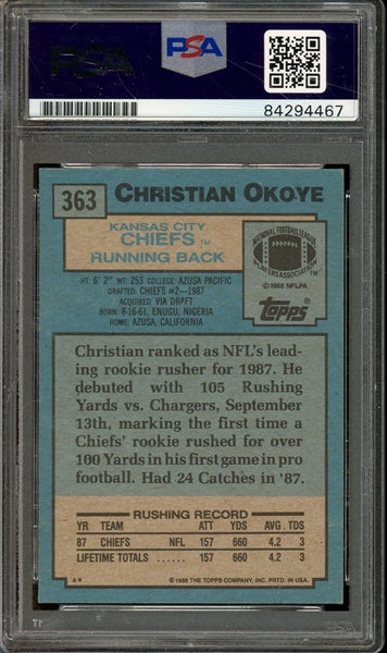 Christian Okoye Signed 1988 Topps #363- Auto Graded Gem Mint 10! (PSA/DNA) - Rookie Card