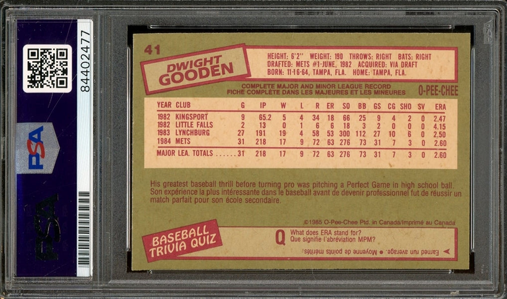 Dwight Gooden Signed 1985 O-Pee-Chee #41- PSA/DNA Authentic - Rookie Card