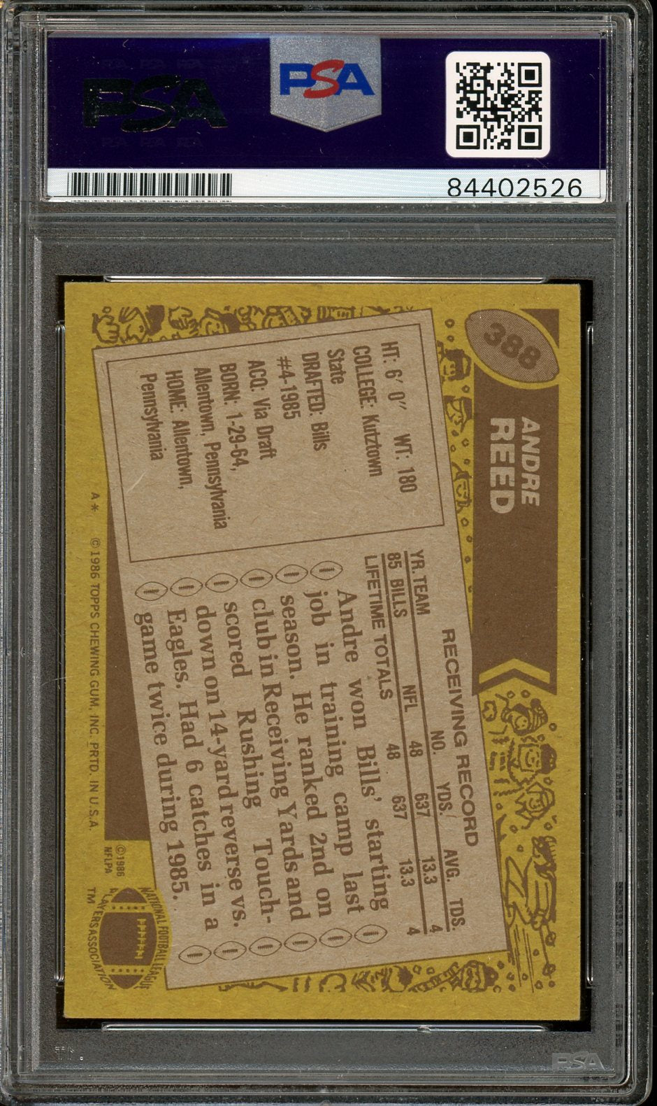 Andre Reed Signed 1986 Topps #388- PSA/DNA Authentic - Rookie Card