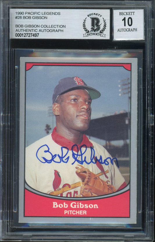 Bob Gibson Signed 1990 Pacific Legends Baseball Card #28 - Auto Graded 10! (BAS Encapsulated)