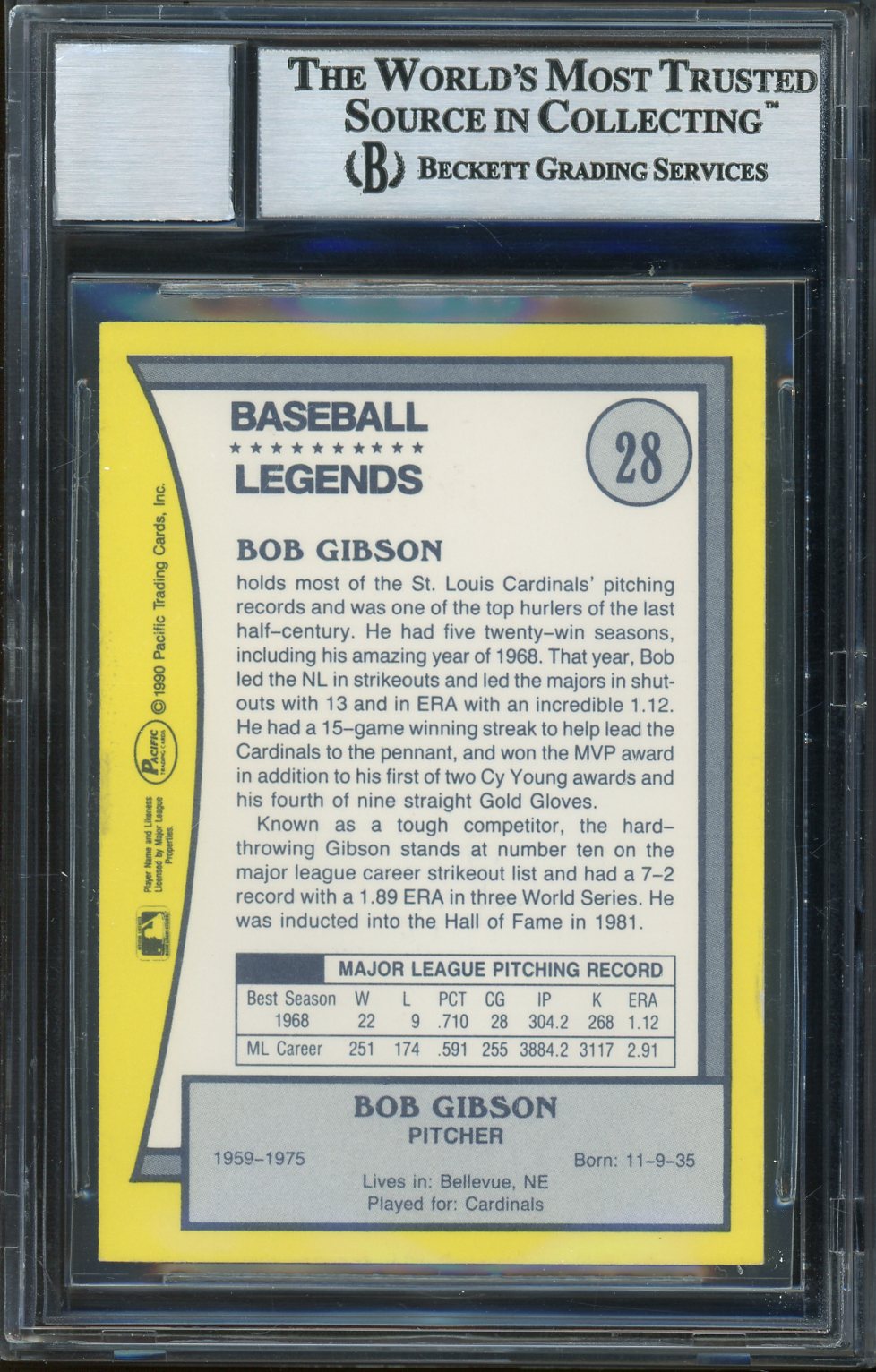 Bob Gibson Signed 1990 Pacific Legends Baseball Card #28 - Auto Graded 10! (BAS Encapsulated)