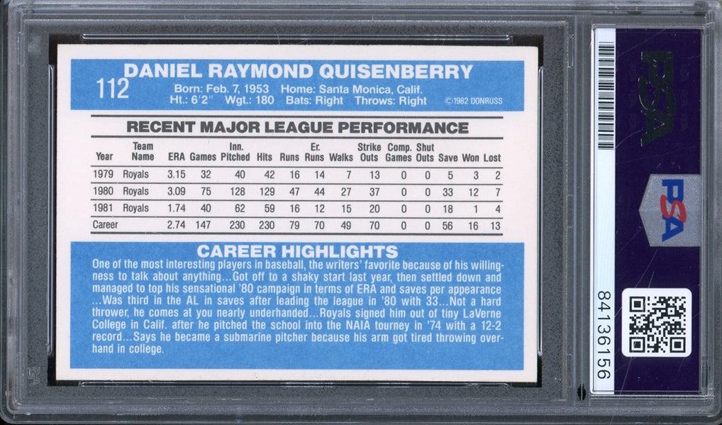 Dan Quisenberry Signed 1982 Donruss #112- PSA/DNA Authentic