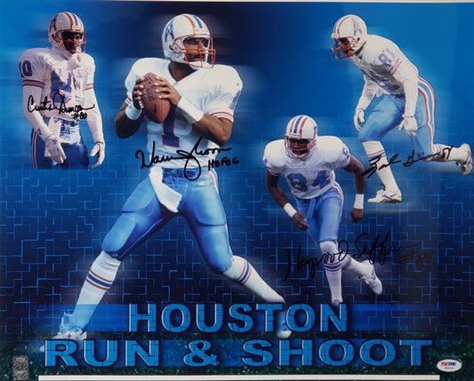 Warren Moon "HOF 06" (PSA/DNA COA), Haywood Jeffries, Curtis Duncan & Ernest Givins Signed Houston Oilers 16x20 Photo