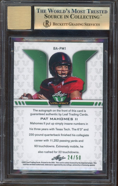 Patrick Mahomes 2017 Leaf Valiant Autographed #BAPM1- #24 of 50 - Graded Gem Mint 9.5 Auto 9 - (BGS) - Rookie Card