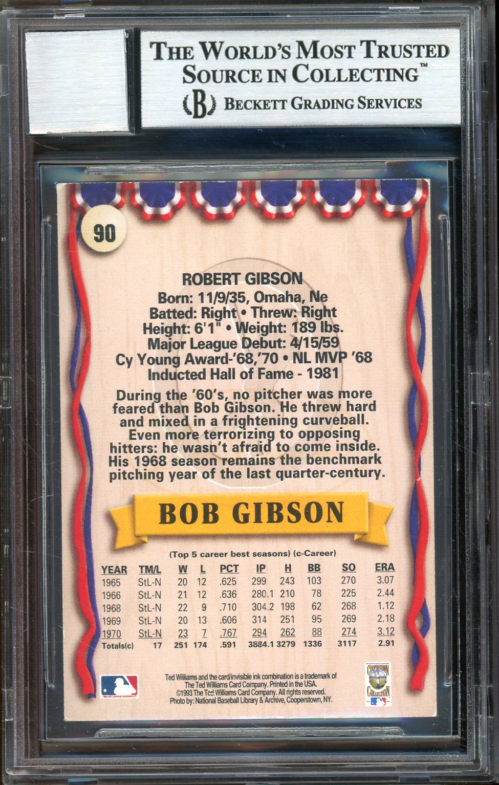 Bob Gibson Signed 1993 Ted Williams Co. #90 - Auto Graded 10 (BAS Encapsulated)