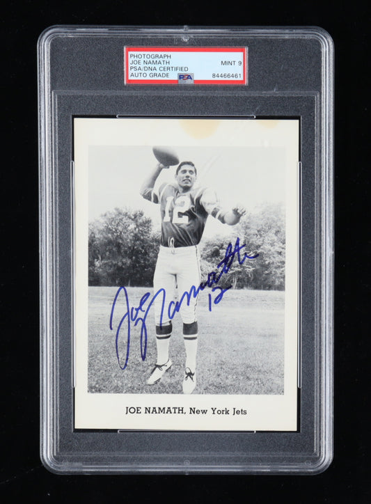 Joe Namath Signed Jets "1965-66 Team Issued Rookie Card" 5x7 Photo - Autograph Grade (PSA) 9