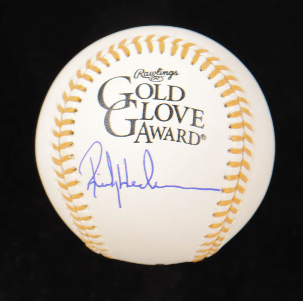 Rickey Henderson Signed Gold Glove Award Baseball with Display Case (PSA - Graded 10) Overall Grade 10 / Autograph Grade 10 / Baseball Grade 10