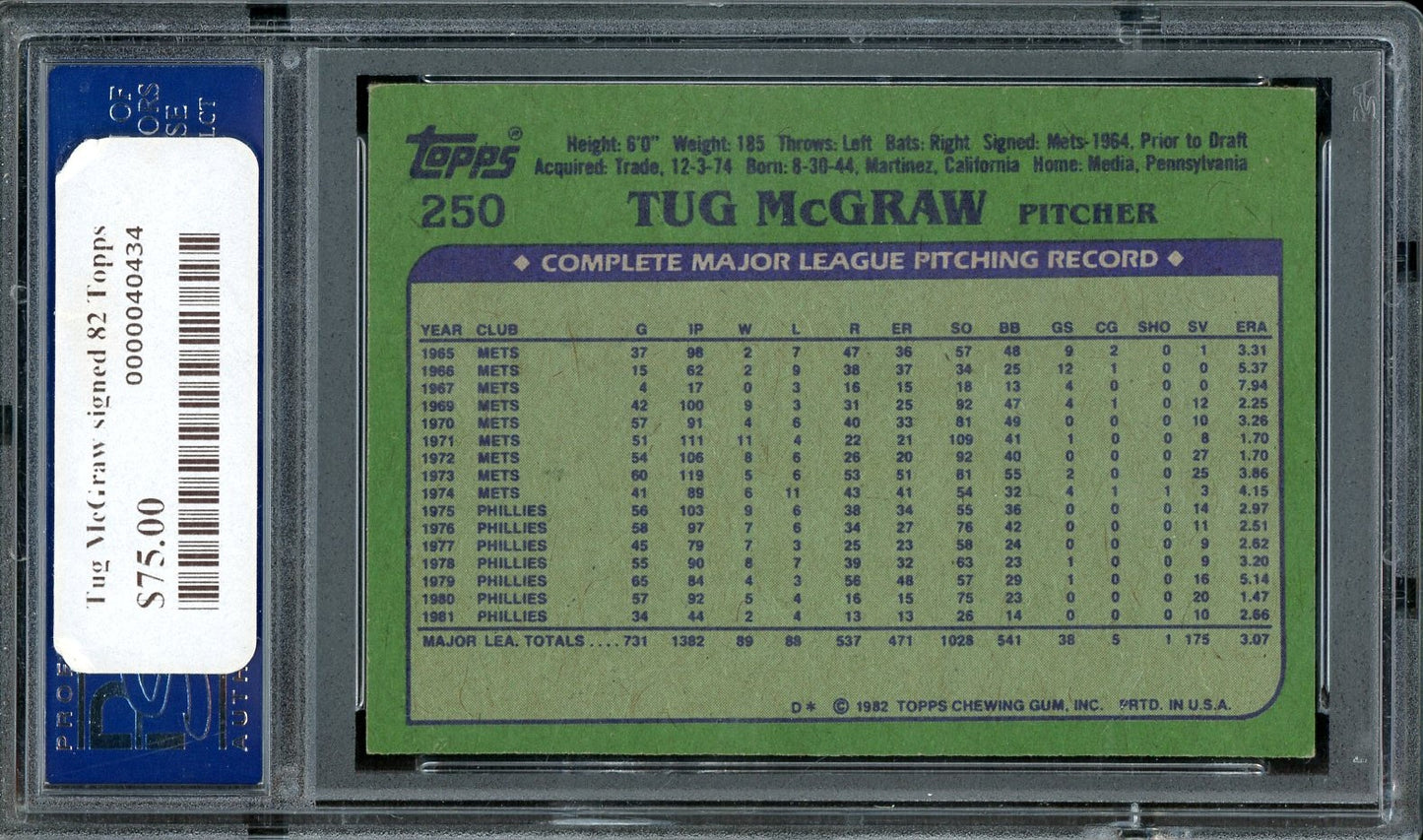 Tug McGraw Signed 1982 Topps Baseball Card #250- PSA/DNA Authentic