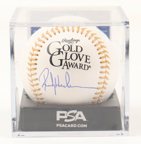 Rickey Henderson Signed Gold Glove Award Baseball with Display Case (PSA - Graded 10) Overall Grade 10 / Autograph Grade 10 / Baseball Grade 10