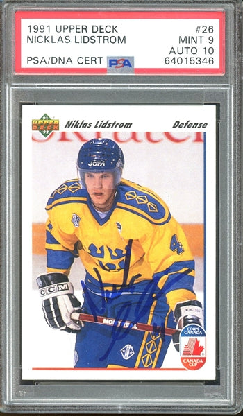 Nicklas Lidstrom Signed 1991 Upper Deck #26 - Graded Mint 9 with Gem Mint 10 Autograph (PSA/DNA Encapsulated) - Rookie Card