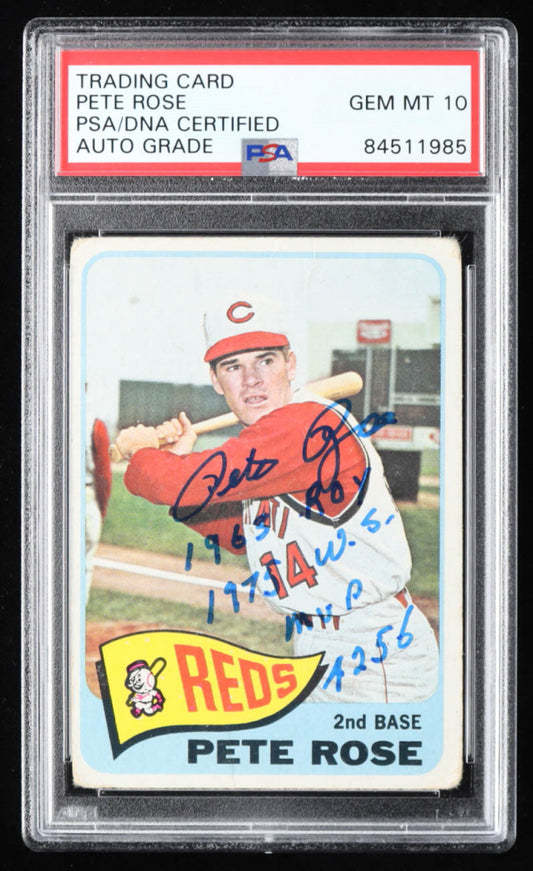 Pete Rose Signed 1965 Topps #207 with Multiple Inscriptions - Autograph Graded (PSA) 10