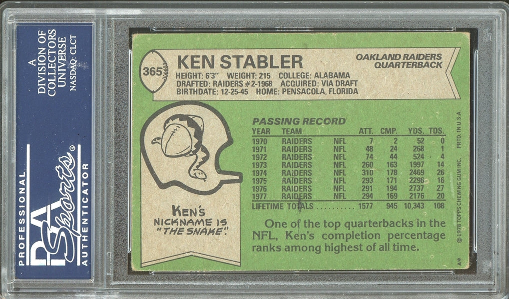 Ken Stabler Signed 1978 Topps #365 (PSA/DNA Encapsulated)