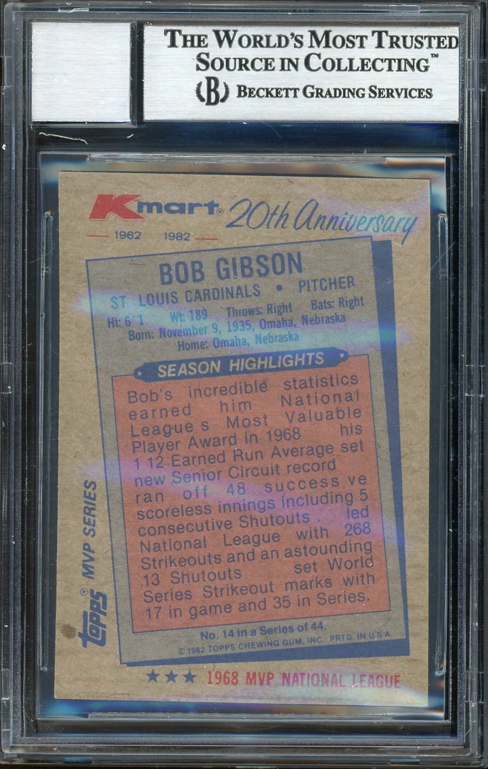 Bob Gibson Signed 1982 Topps K-Mart Baseball Card #14 - Auto Graded 10! (BAS Encapsulated)