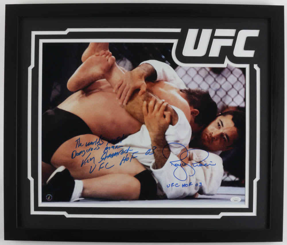 Royce Gracie & Ken Shamrock Signed (JSA) UFC 22x26 Custom Framed Photo With Multiple Inscriptions (JSA & Authentic Signings)