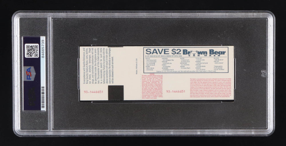 Nolan Ryan Signed 1993 Rangers vs Mariners Original Ticket Inscribed "108.5 M.P.H. Fastball" (PSA) - Autograph Graded PSA 10 - Ryan’s Last Game Played