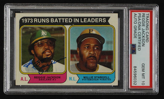 Reggie Jackson Signed Reggie Jackson / Willie Stargell 1974 Topps RBI Leaders #203 - Autograph Graded PSA 10