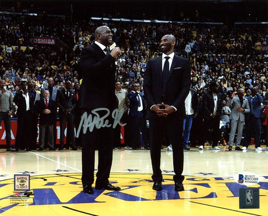 Magic Johnson Signed (Beckett Witness COA) Los Angeles Lakers 8x10 Photo - Kobe's Jersey Number Retirement Night