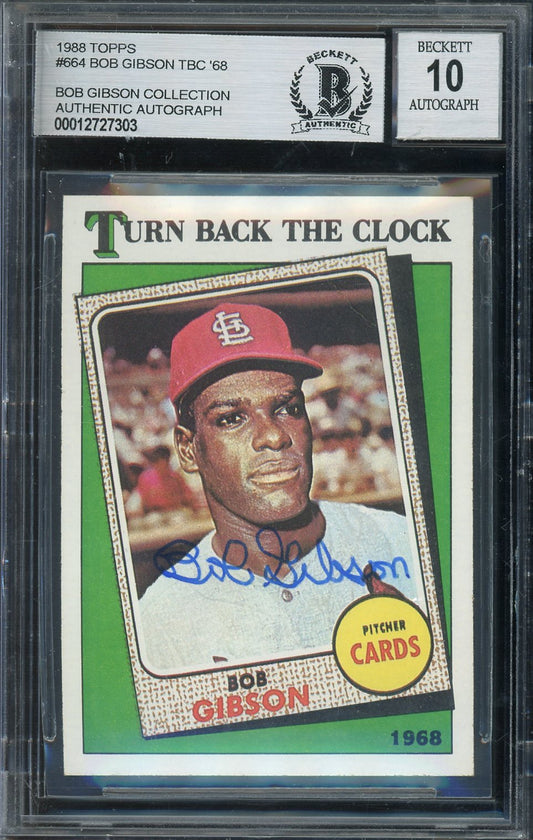 Bob Gibson Signed 1988 Topps Turn Back the Clock Baseball Card #664 - Auto Graded 10 - (BAS Encapsulated)