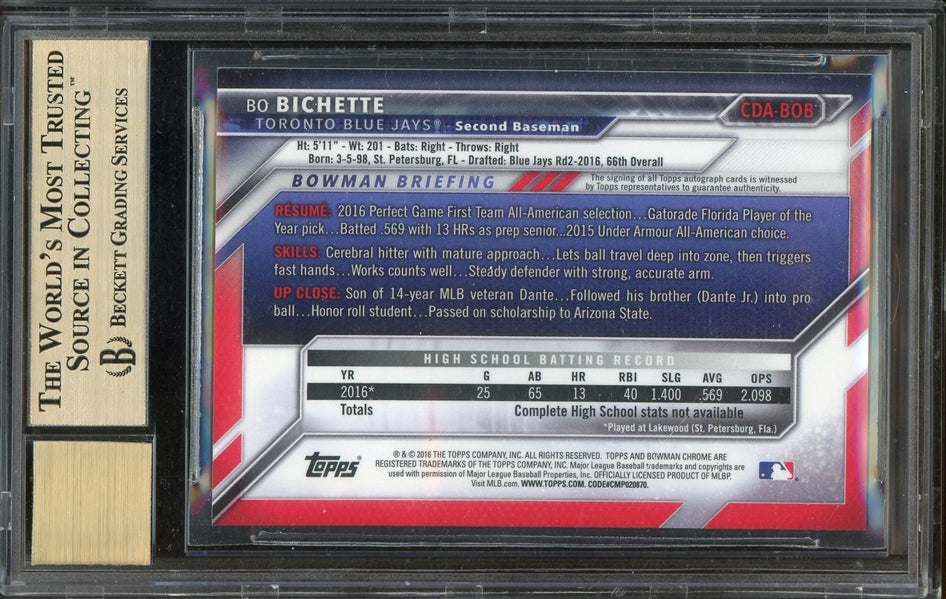 Bo Bichette 2016 Bowman Chrome Draft Pick 1st Bowman Autographs #CDABOB- Graded Gem Mint 9.5 with 10 Auto (BGS)- Rookie Card