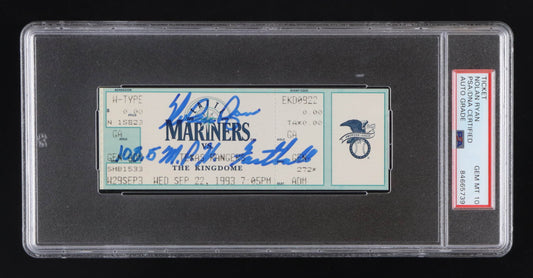 Nolan Ryan Signed 1993 Rangers vs Mariners Original Ticket Inscribed "108.5 M.P.H. Fastball" (PSA) - Autograph Graded PSA 10 - Ryan’s Last Game Played