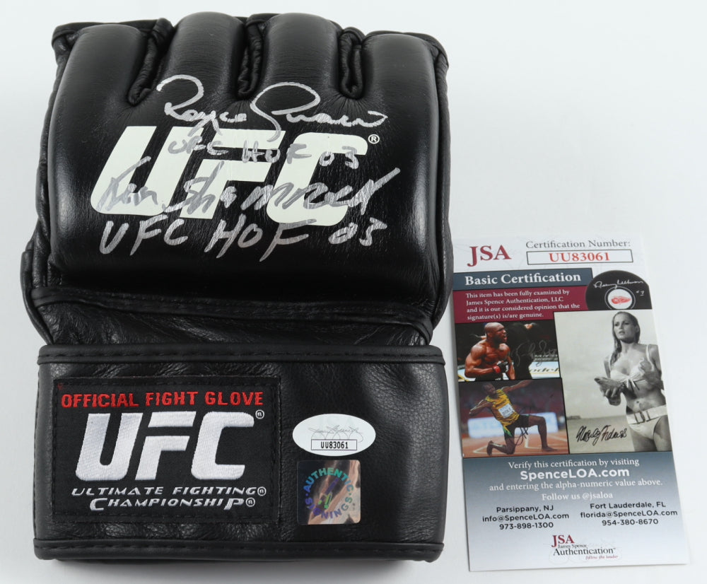 Ken Shamrock & Royce Gracie Signed (JSA & Authentic Signings) UFC Glove Inscribed "UFC HOF 03"