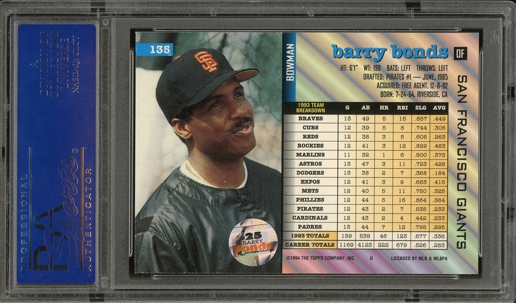 Barry Bonds Signed 1994 Bowman Baseball Card #135 (PSA/DNA Encapsulated)