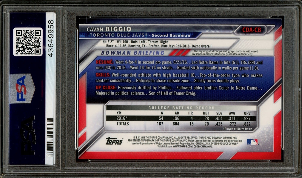 Cavan Biggio 2016 Bowman Draft Chrome Draft Picks 1st Bowman Autographed #CDACB- Graded Mint 9 (PSA) - Rookie Card