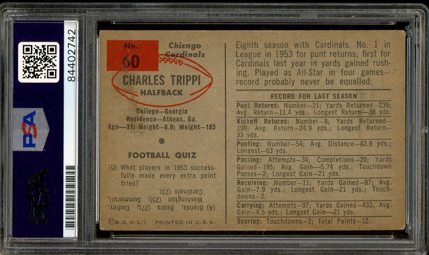 Charley Trippi "HOF 68" Signed 1954 Bowman Football Card #60- PSA/DNA Authentic