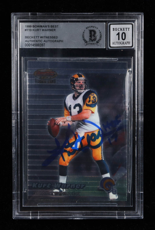 Kurt Warner Signed 1999 Bowman's Best #110 RC Inscribed "HOF 17" Autograph Graded BGS 10 - Rookie Card