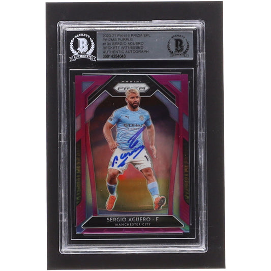 Sergio Aguero Signed 2020-21 Panini Prizm English Premier League Prizms Purple #104 #55/99 (BGS)