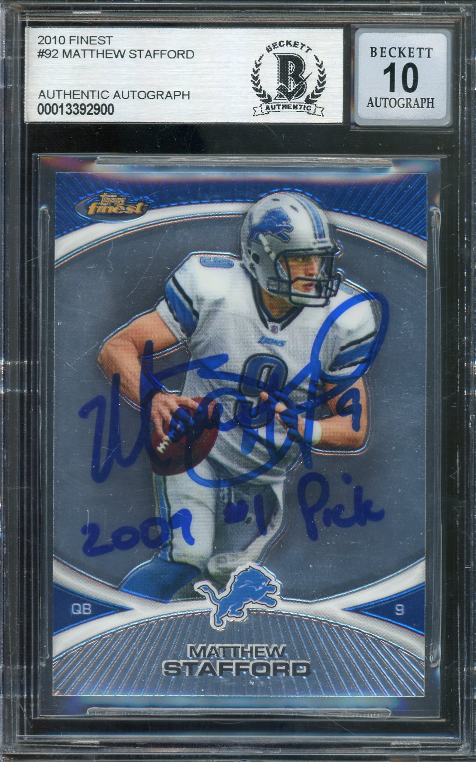 Matthew Stafford "2009 #1 Pick" Signed 2010 Topps Finest #92 - Autograph graded (BGS) 10 - Rookie Card