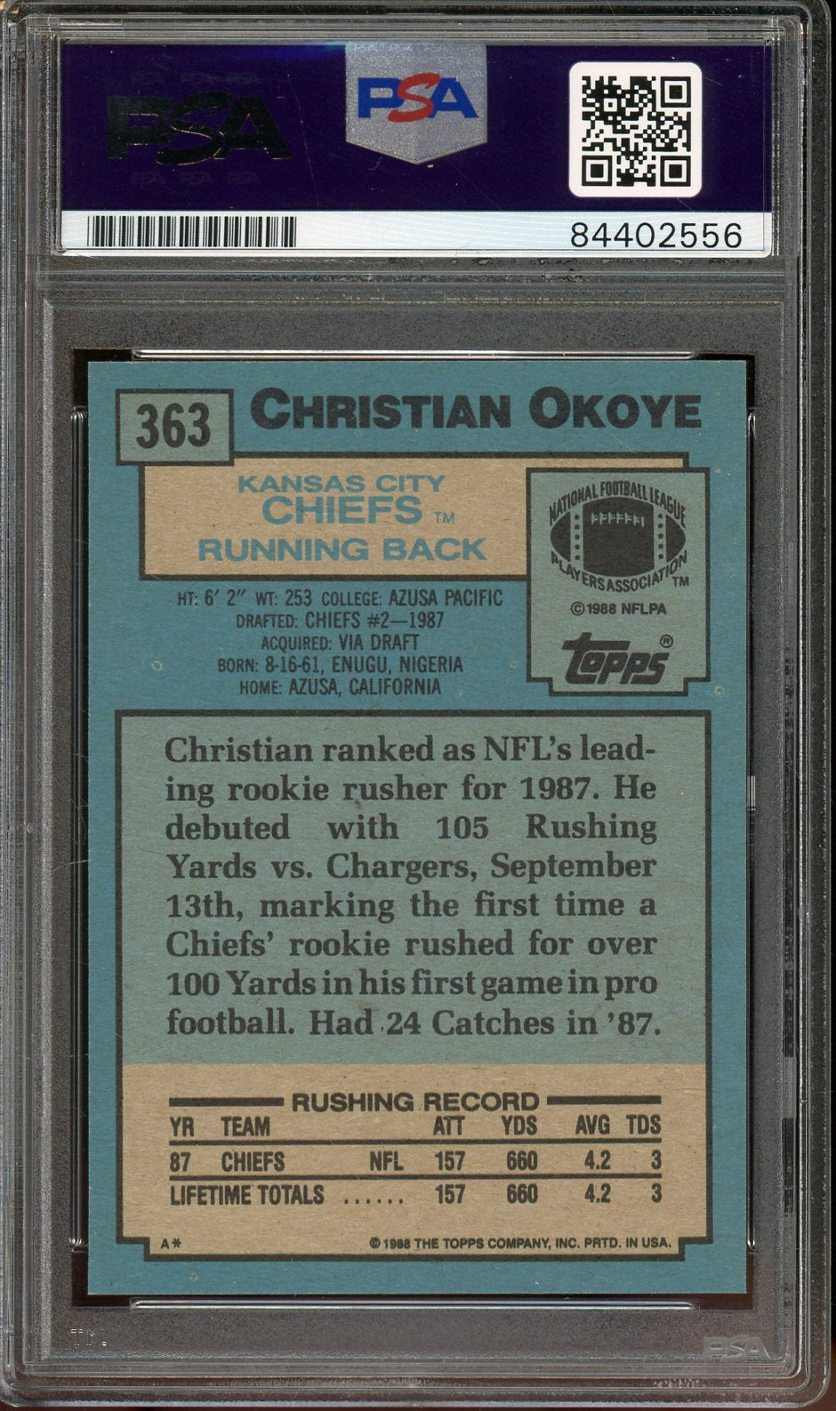 Christian Okoye Signed 1988 Topps #363- PSA/DNA Authentic - Rookie Card