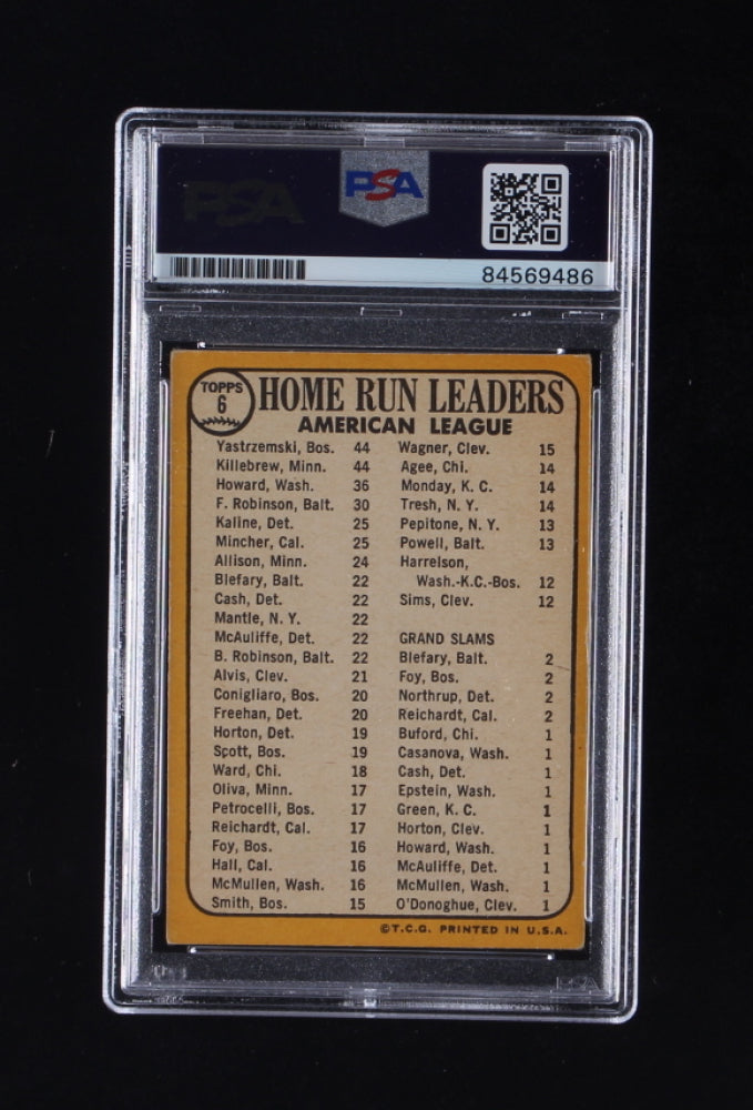 Carl Yastrzemski Signed 1968 Topps #6 AL Home Run Leaders / Harmon Killebrew / Frank Howard Autograph Grade PSA 10