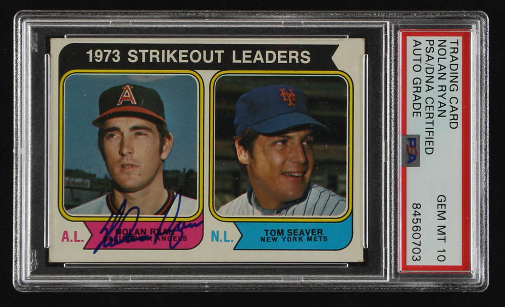 Nolan Ryan Signed Nolan Ryan / Tom Seaver 1974 Topps Strikeout Leaders #207 - Autograph Graded PSA 10