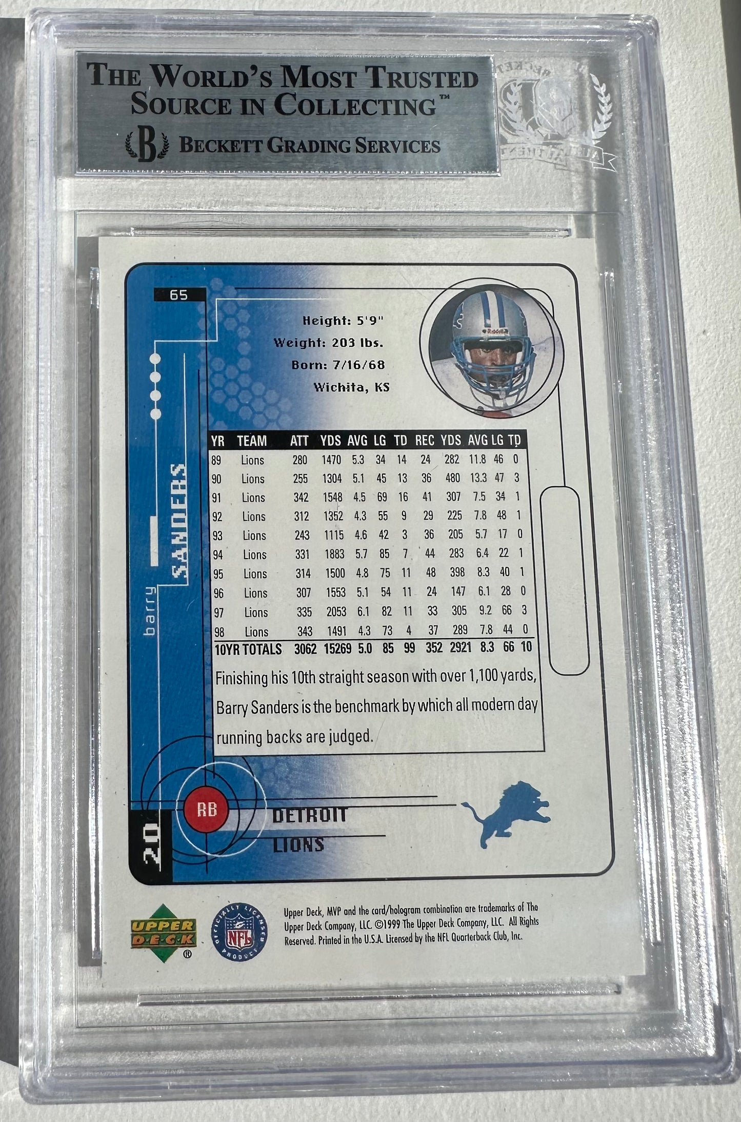 Barry Sanders Signed 1999 Upper Deck MVP #65 (BGS)