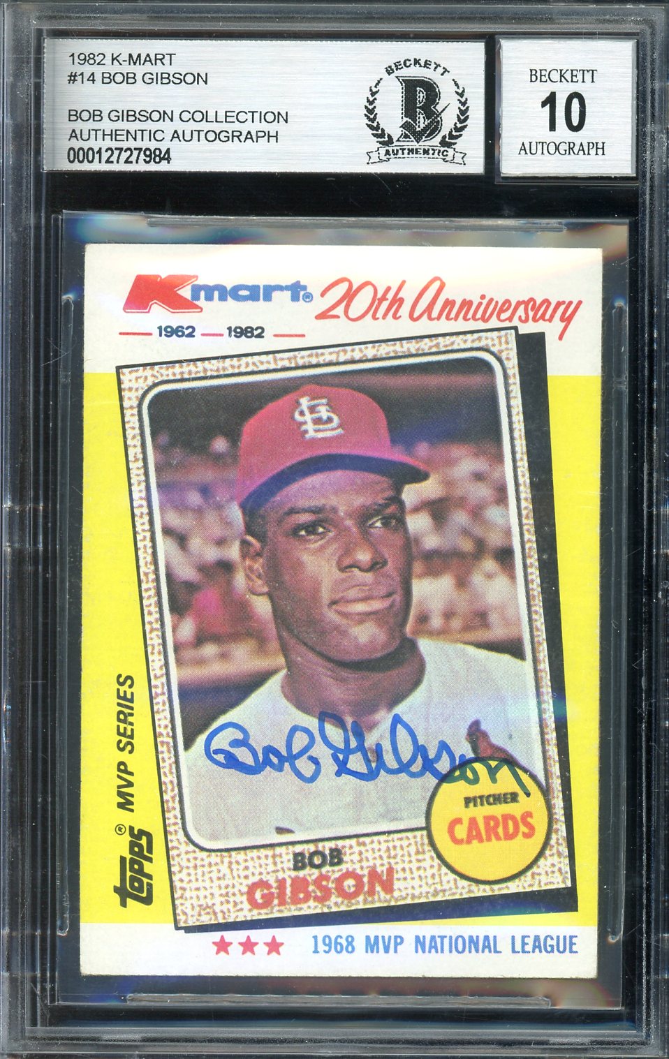 Bob Gibson Signed 1982 Topps K-Mart Baseball Card #14 - Auto Graded 10! (BAS Encapsulated)