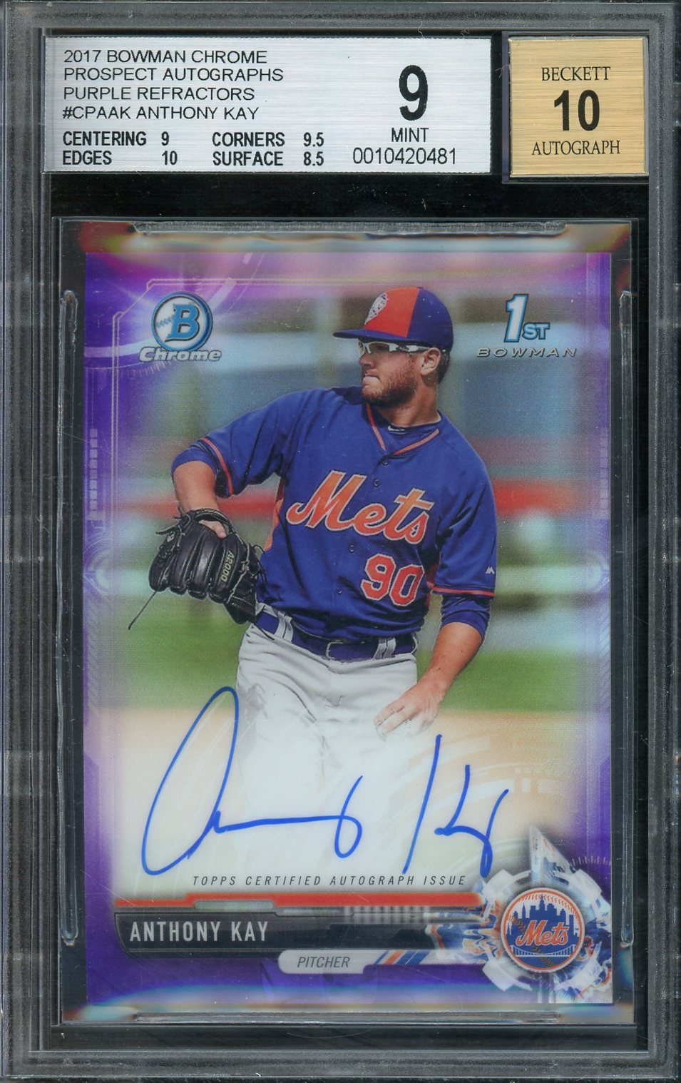 Anthony Kay 2017 Bowman Chrome Prospect Autographs Purple Refractors Autographed Baseball Card 3CPAAK- #31 of 250- Graded Mint 9 w/10 Auto (BGS) - Rookie Card