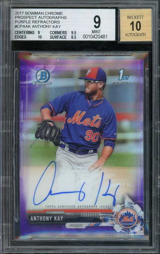 Anthony Kay 2017 Bowman Chrome Prospect Autographs Purple Refractors Autographed Baseball Card 3CPAAK- #31 of 250- Graded Mint 9 w/10 Auto (BGS) - Rookie Card