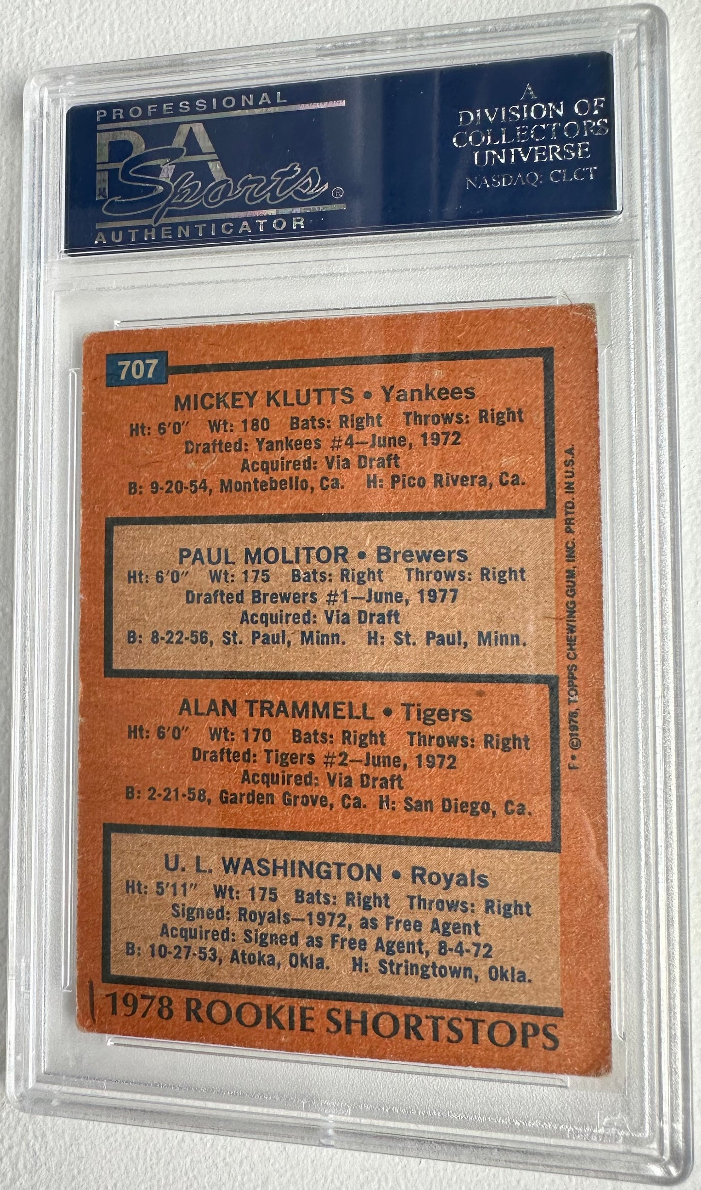 Paul Molitor/Alan Trammell  dual Signed 1978 Topps #707 Rookie Shortstops / Mickey Klutts / Paul Molitor RC / Alan Trammell RC / U.L. Washington  (PSA) - Rookie Card