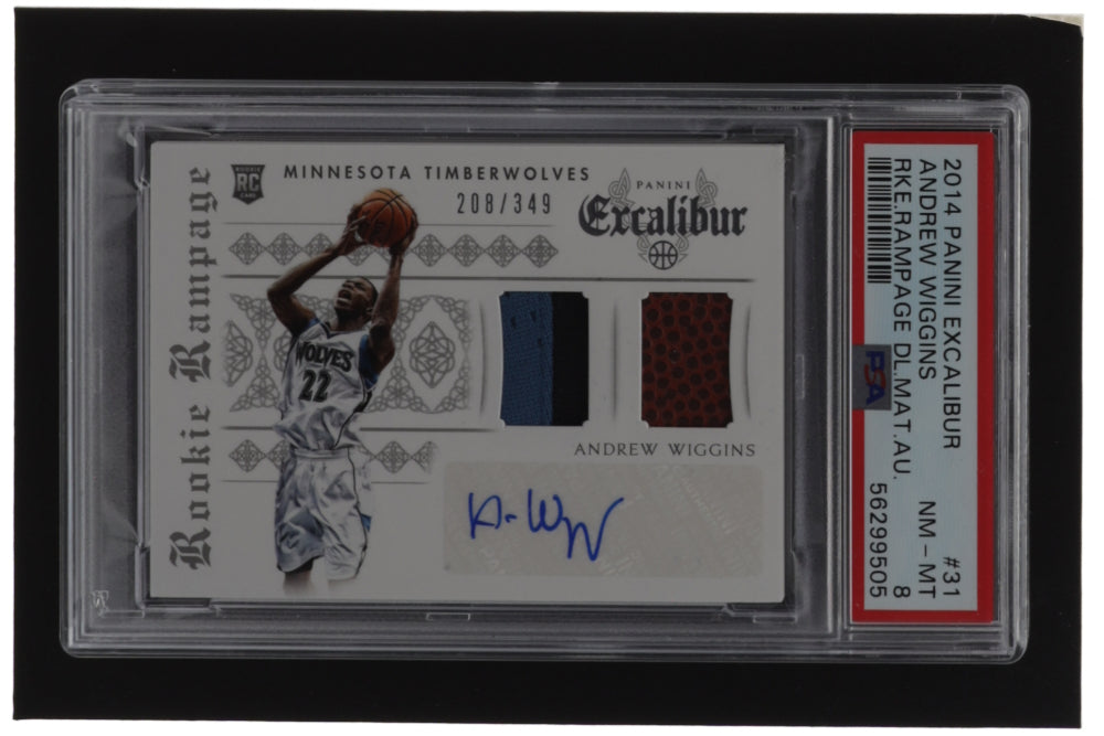 Andrew Wiggins 2014-15 Panini Excalibur Rookie Rampage Autograph Dual Jerseys #31 #208/349 (PSA 8)