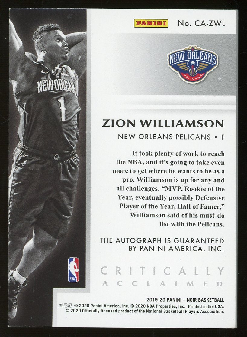 Zion Williamson 2019-20 Panini Noir Critically Acclaimed Signatures Autographed #CA-ZWL- #6 of 25 - Rookie Card