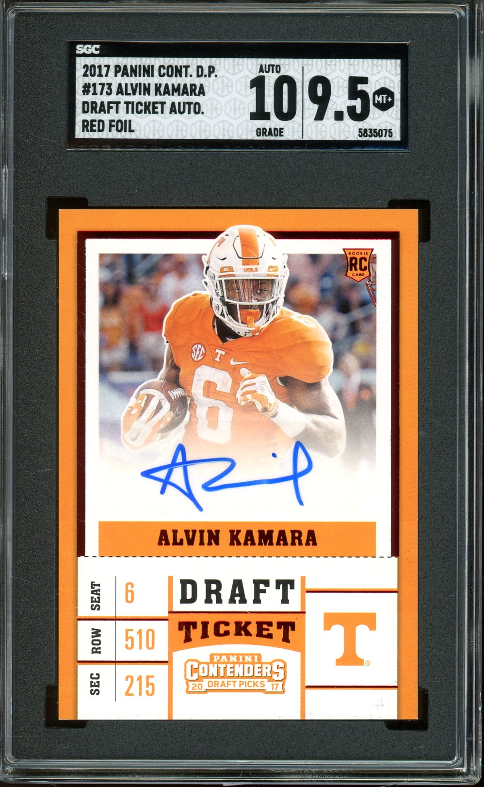 Alvin Kamara 2017 Panini Contenders Draft Picks Red Foil Ticket #173- Graded Mint+ 9.5/Auto 10 (SGC) - Rookie Card